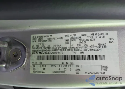 2020 Ford Escape Se z USA, uszkodzony, nr VIN 1FMCU0G63LUA94170